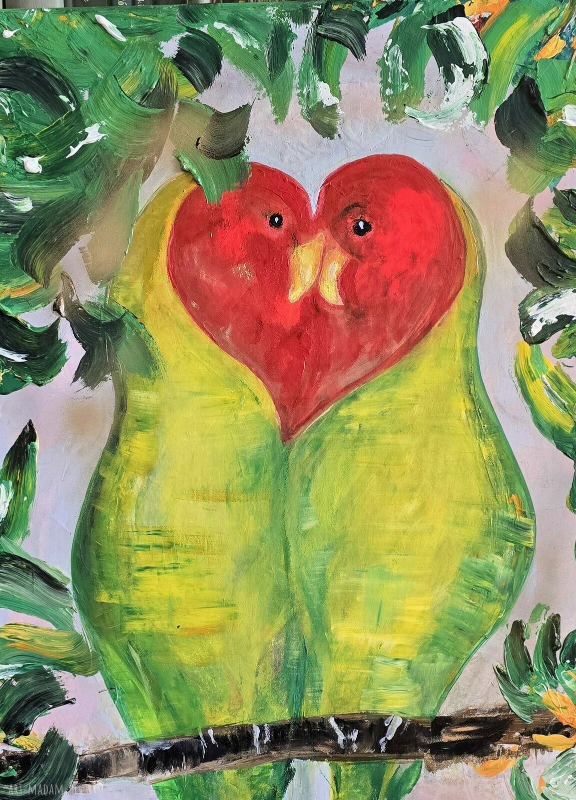Obraz akrylowy „Soulmates” - papugi 55x75 cm, gotowy do zawieszenia