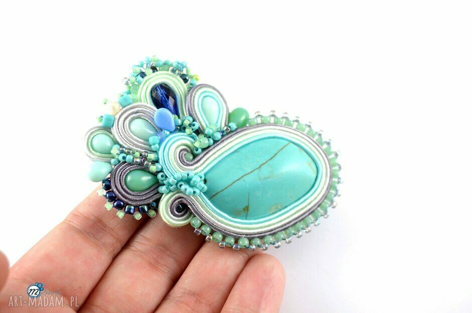 broszki: Sutaszowa broszka mięta z szarością HandMade
