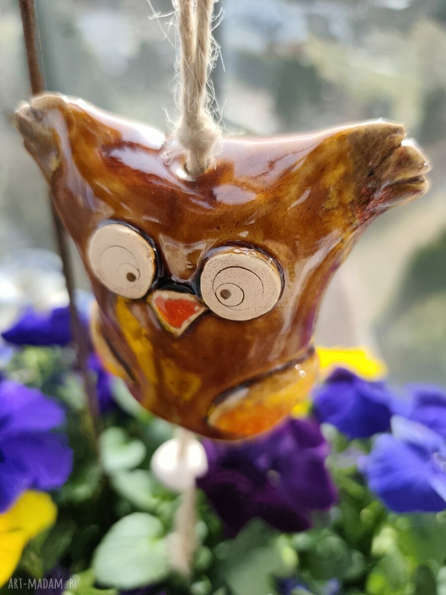Ręcznie robiona sowa ceramiczna - dzwoneczek na balkon i do ogrodu