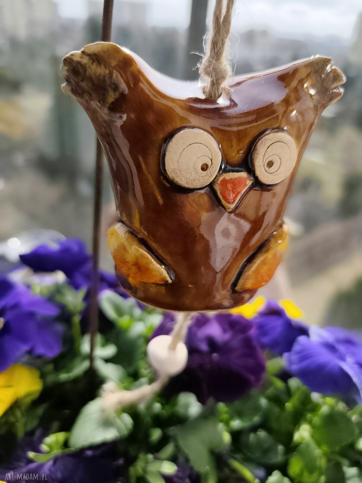 Ręcznie robiona sowa ceramiczna - dzwoneczek na balkon i do ogrodu