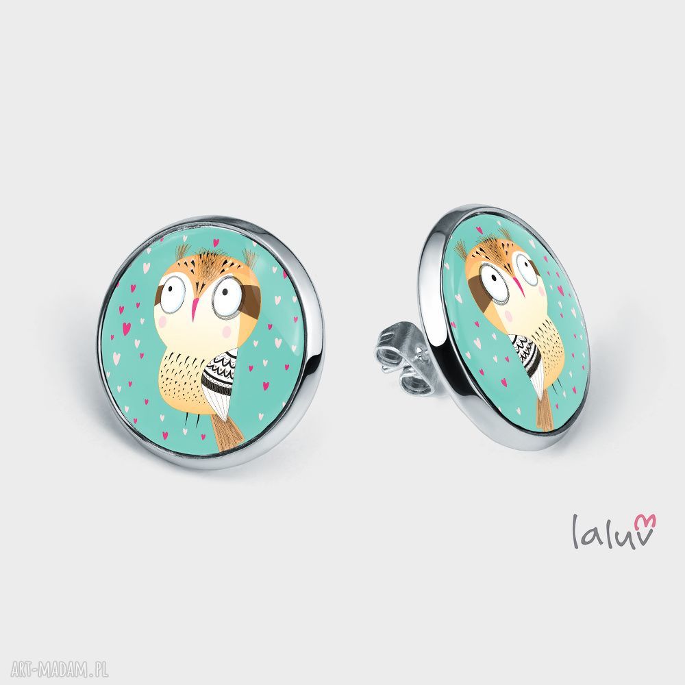 Kolczyki sztyfty LOVE OWL sowa - wkrętki handmade antyalergiczne