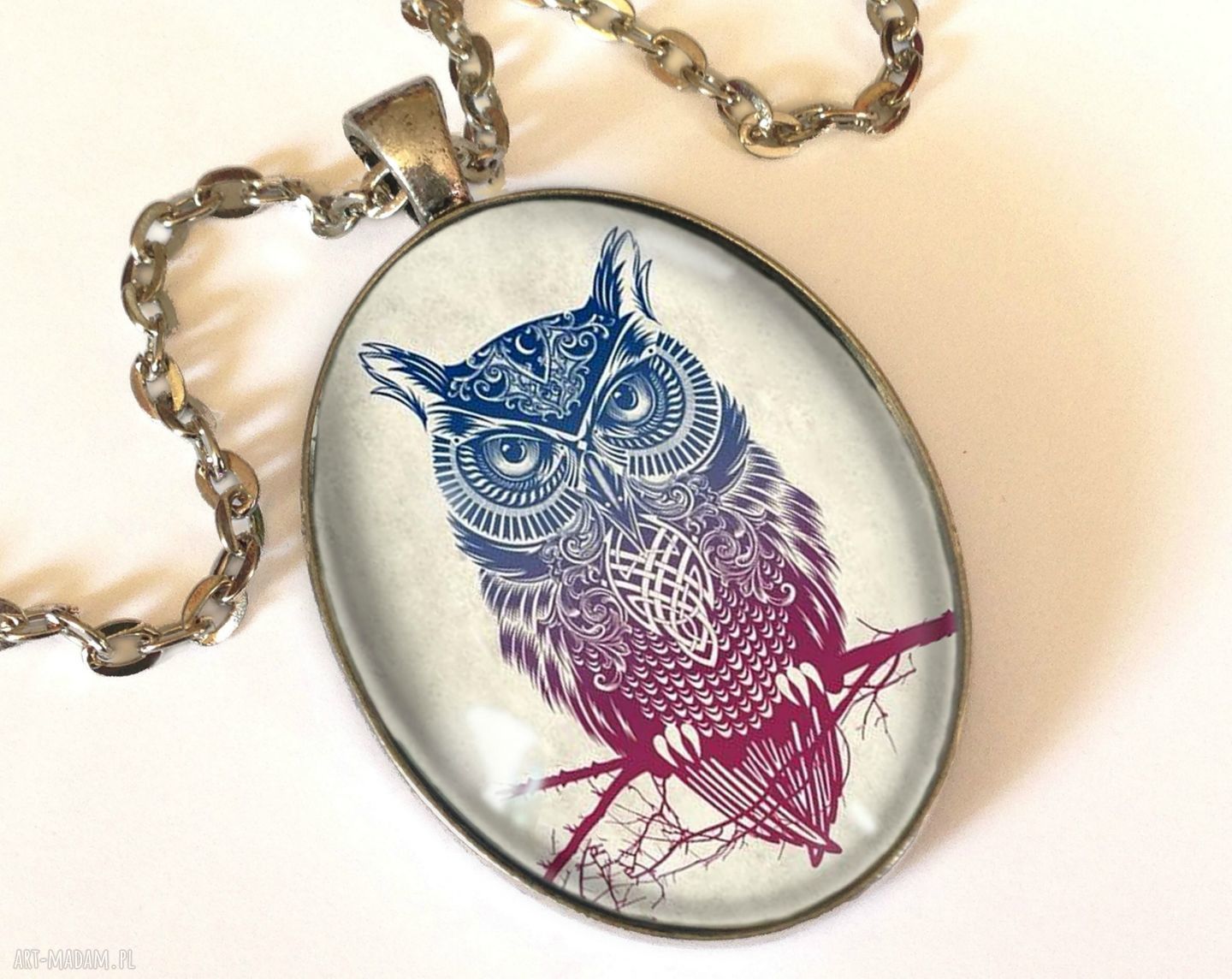 owalny medalion łańcuszkiem prezent sową naszyjnik ręcznie
