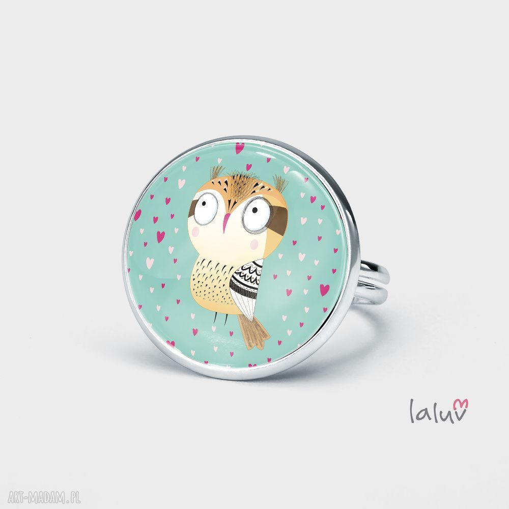 Pierścionek LOVE OWL - regulowany sowa miłość, grafika pod wypukłym szkiełkiem