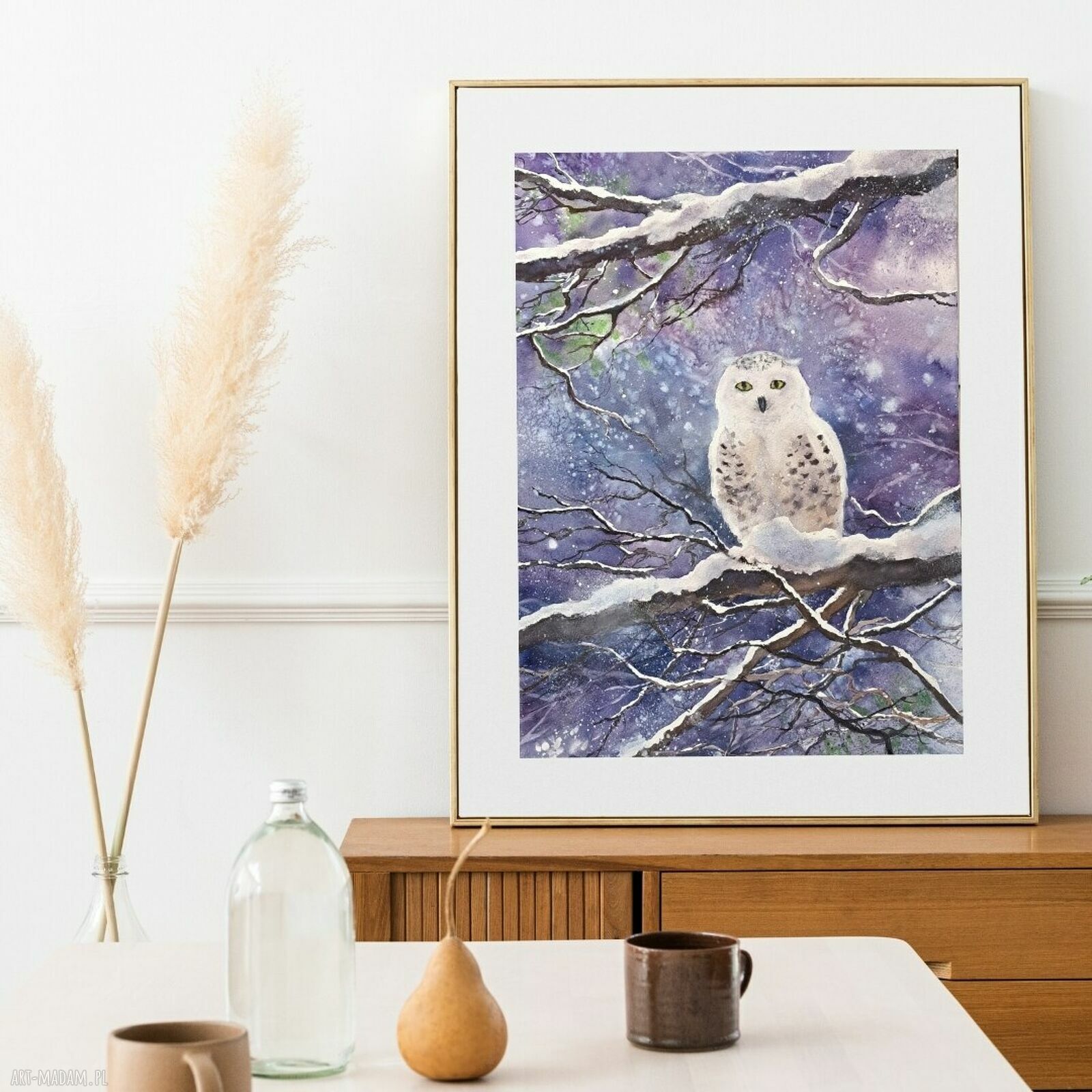 Sowa śnieżna w fioletach - oryginalna akwarela A3