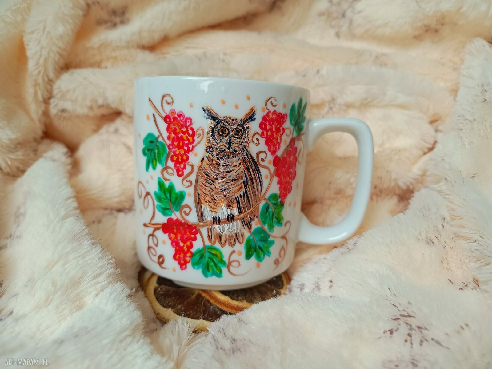Ręcznie malowany kubek porcelanowy 270 ml - Sowa wśród winogron