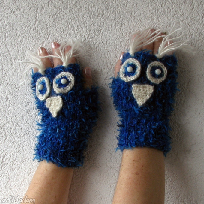 Niebieskie mitenki bez palców z sowami - rękawiczki handmade Alba Design