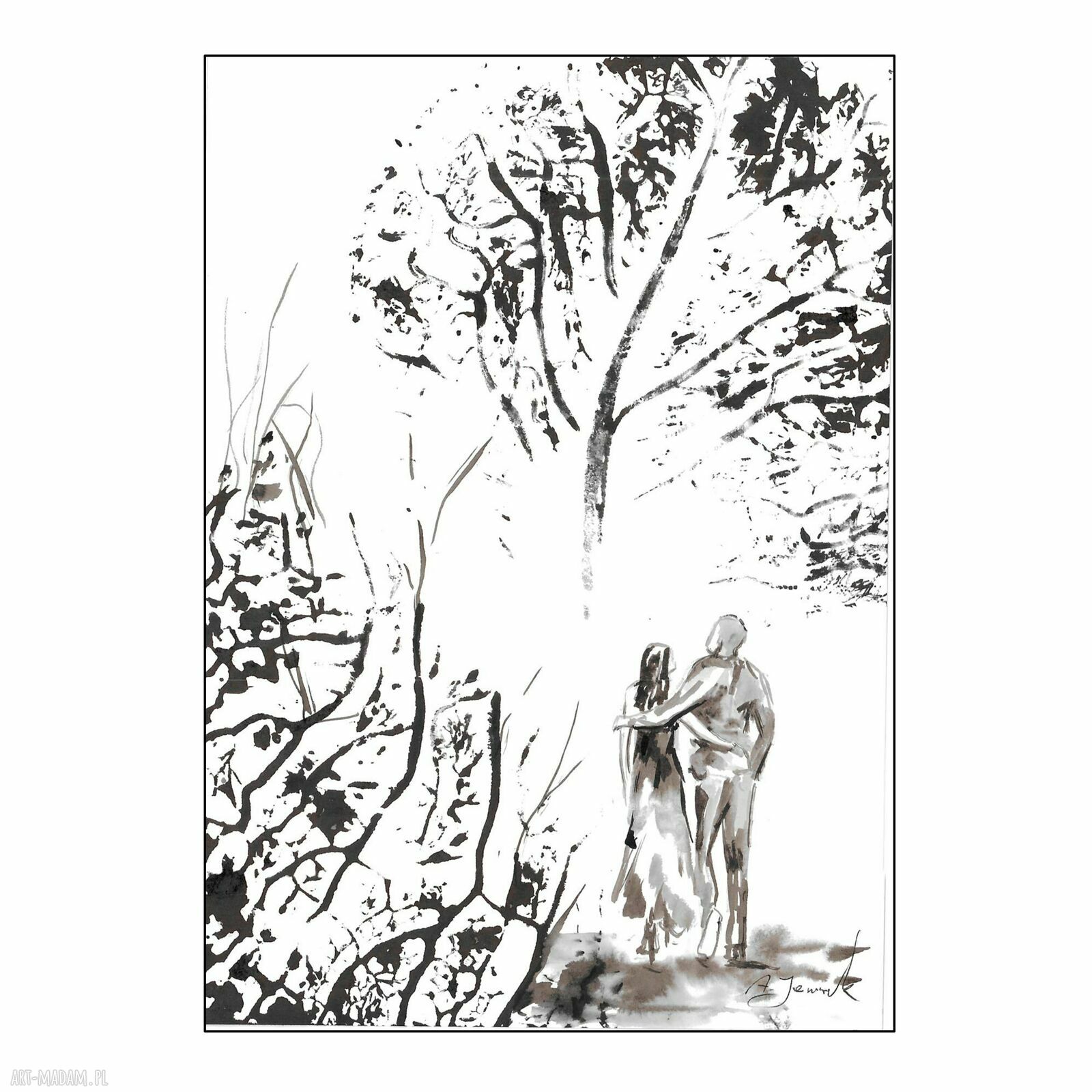 Grafika „Spacer” 21x30 cm - ręcznie robiona, czarno-biała