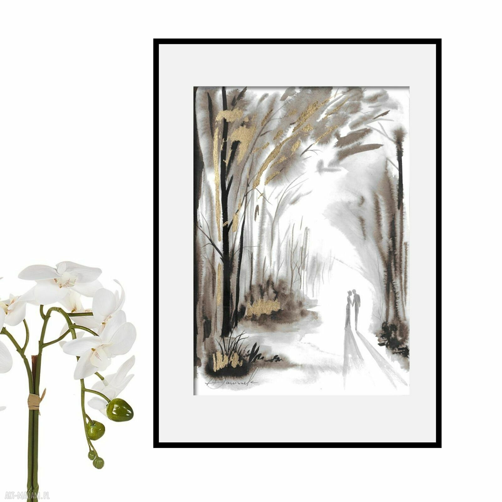 Spacer - autorska grafika malowana i złocona ręcznie 21 x 30 cm