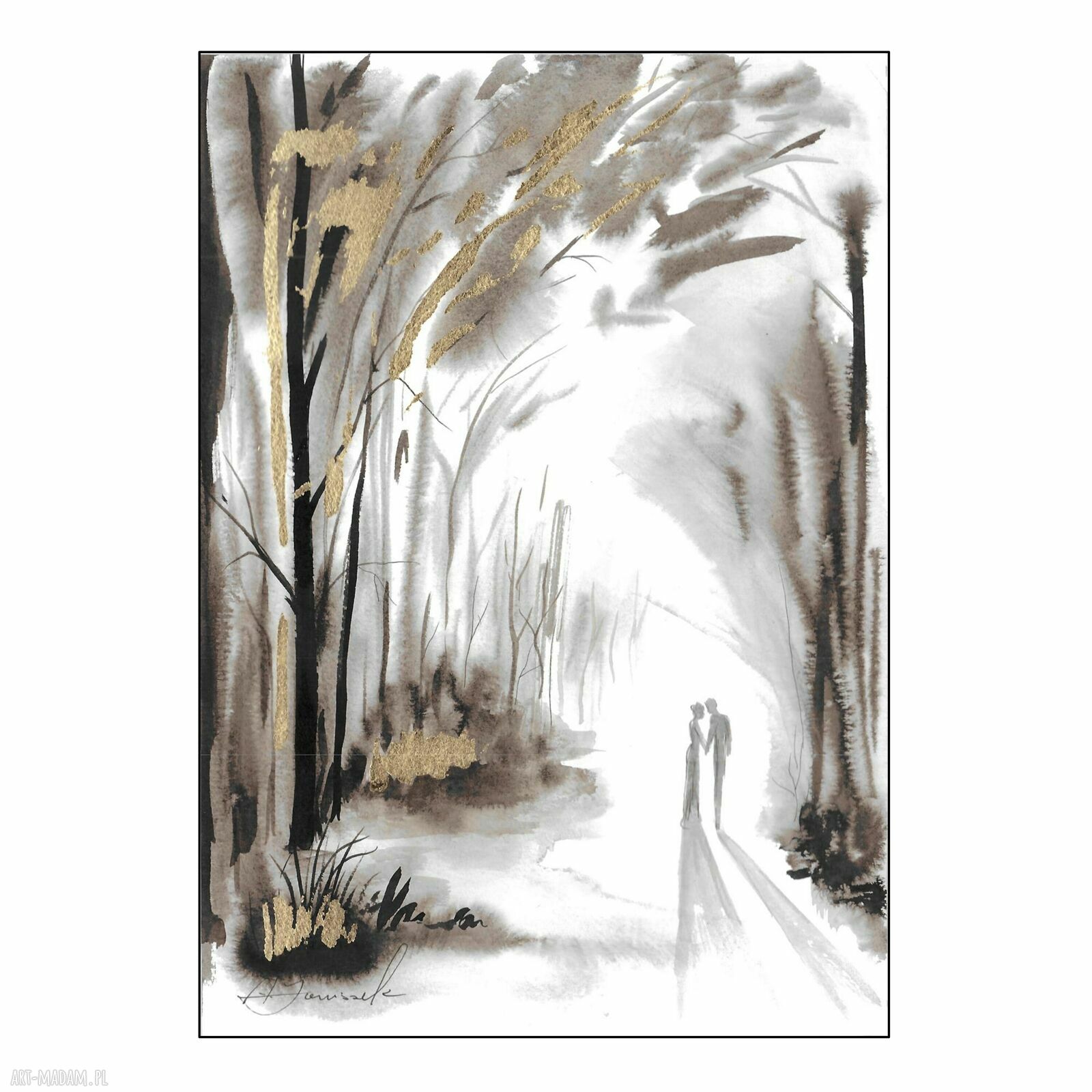 Spacer - autorska grafika malowana i złocona ręcznie (21 x 30 cm)