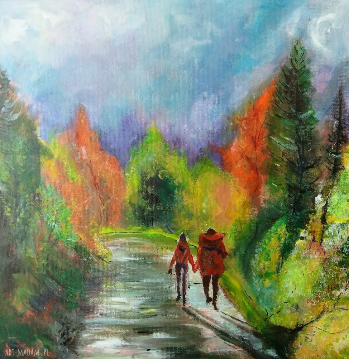 Spacer w chmurach - akrylowy obraz gór i natury na płótnie 40x40 cm