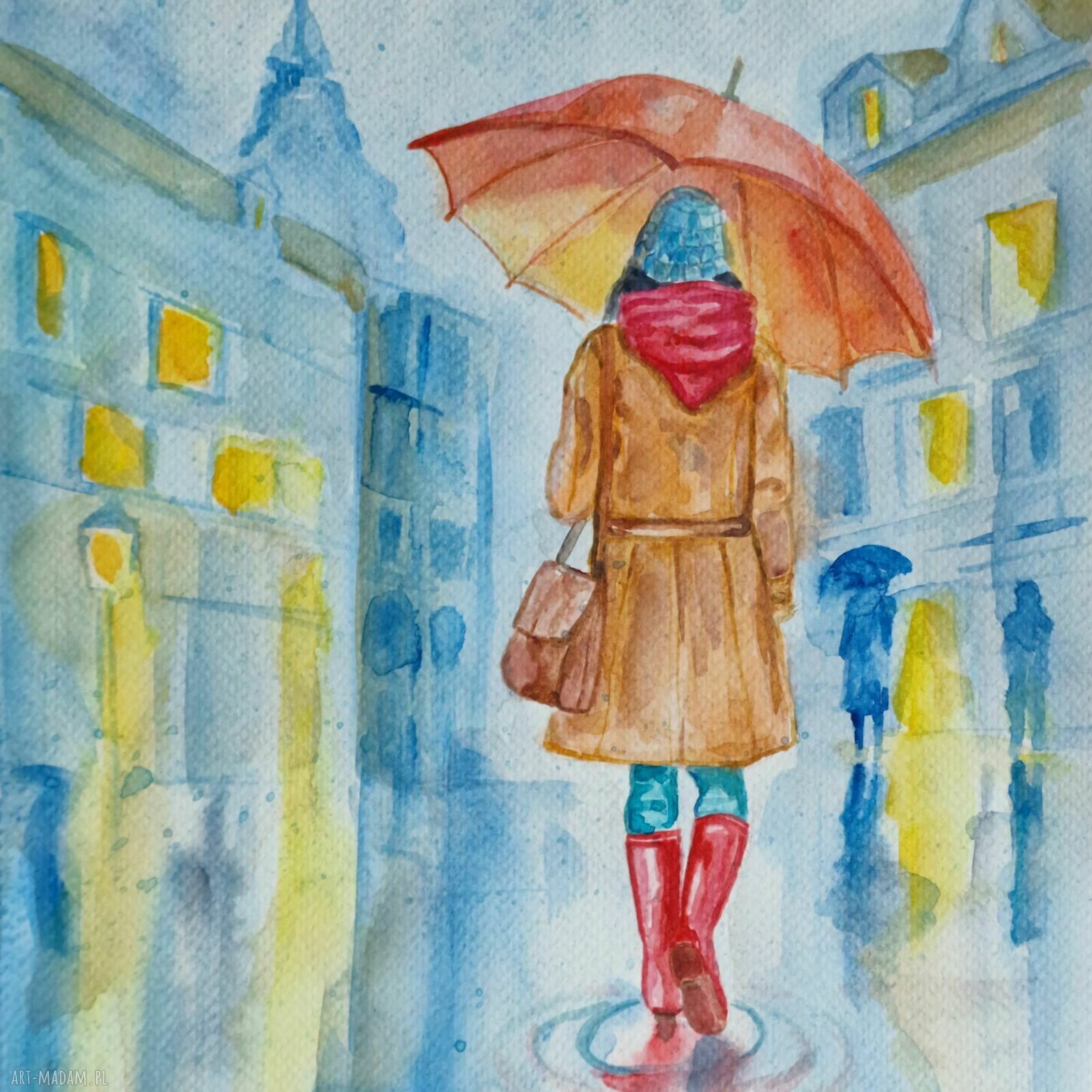 Spacer w deszczu - oryginalna akwarela 23x30 cm