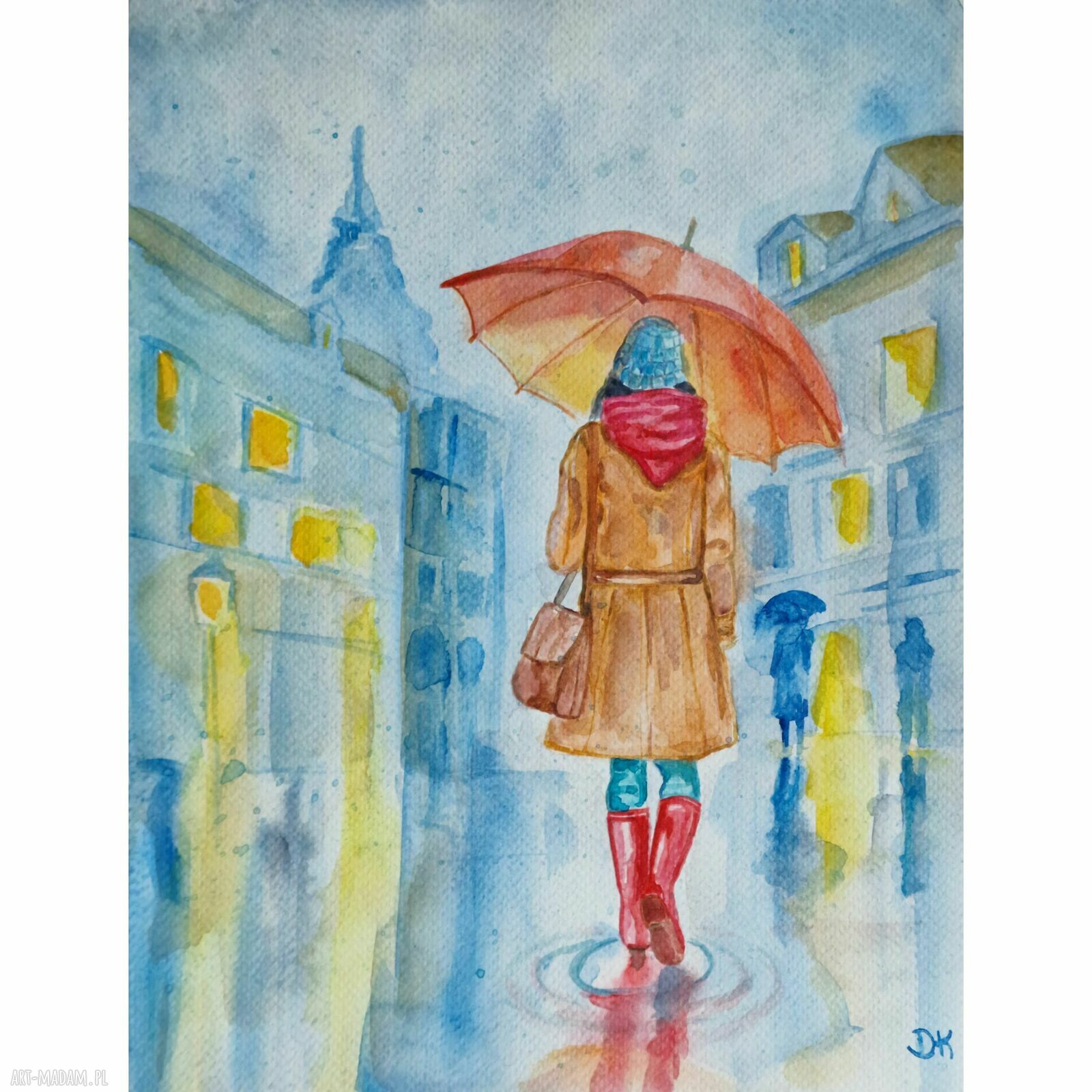 Spacer w deszczu - oryginalna akwarela 23x30 cm