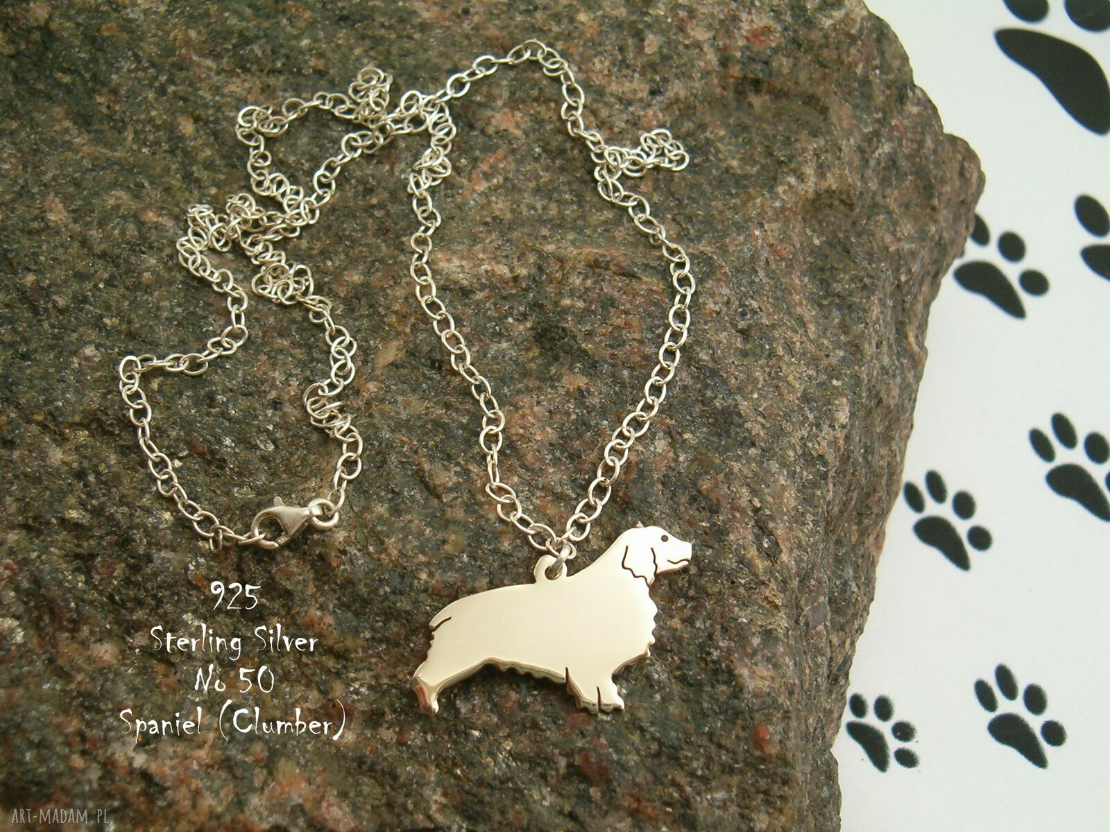 Spaniel Clumber - srebrny naszyjnik próby 925 nr 50 - rękodzieło handmade