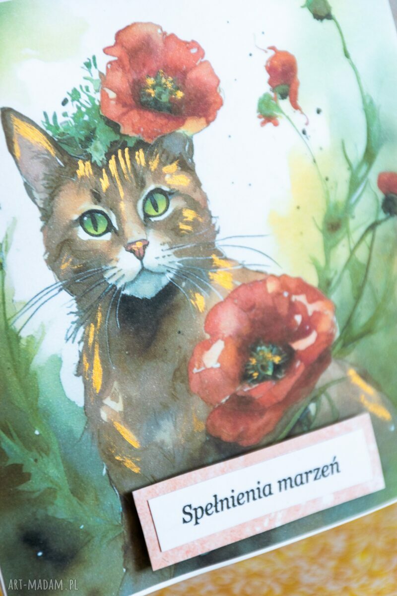 Spełnienia marzeń - kartka handmade z kotkiem w makach i ozdobną kopertą