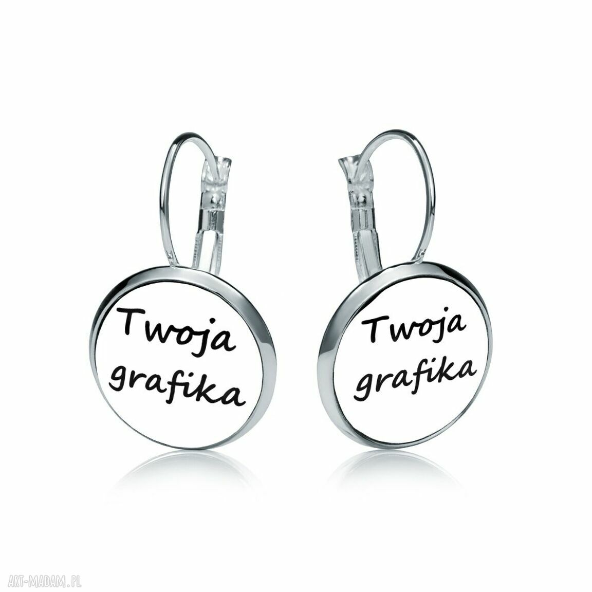Kolczyki wiszące z własną grafiką - srebrna oprawa i wypukłe szkiełko