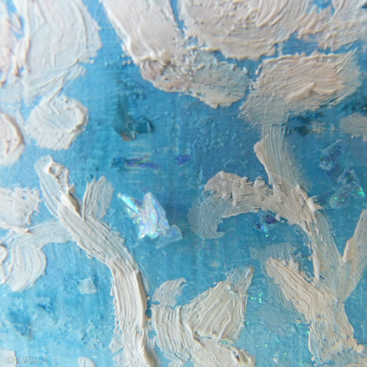 Śpiący kot - obraz olejny z brokatem, różami i księżycem (25x33 cm)
