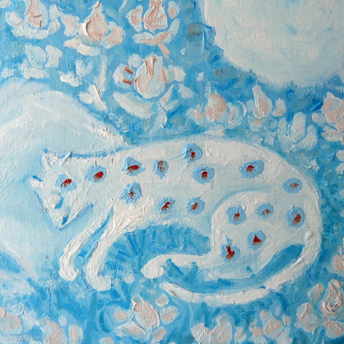 Śpiący kot - obraz olejny z brokatem, różami i księżycem (25x33 cm)