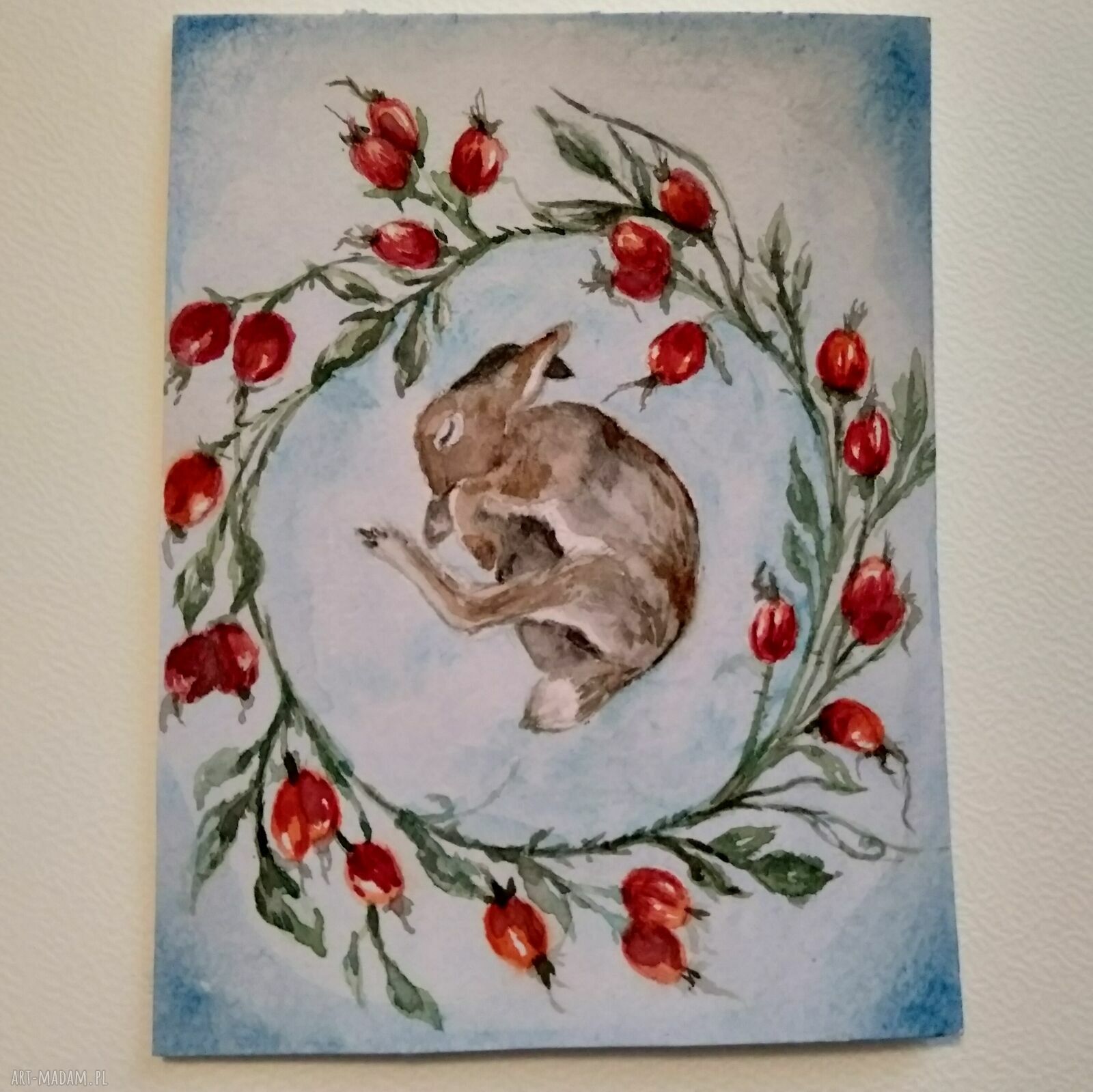 Śpiący zajączek - akwarelowa ilustracja z dzikimi różami