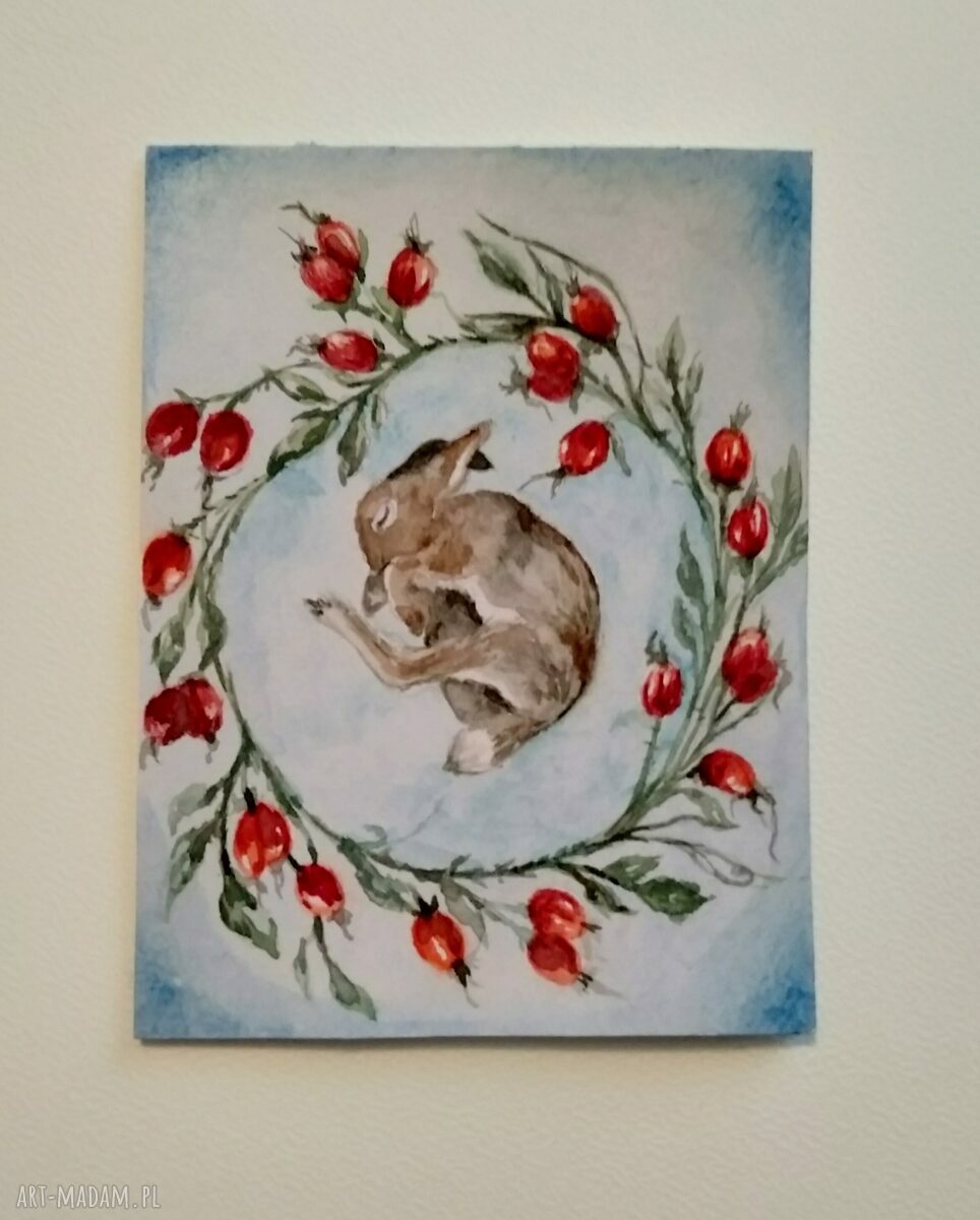 Śpiący zajączek - akwarelowa ilustracja z dzikimi różami