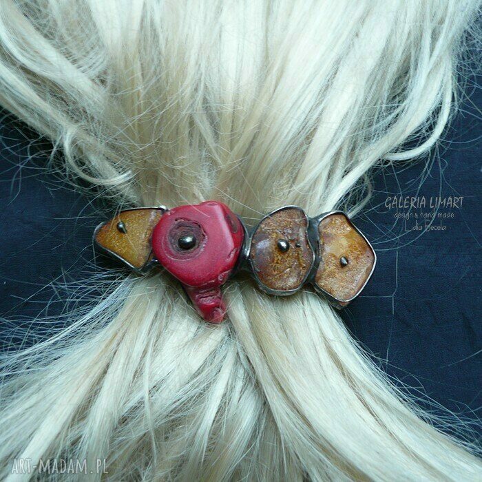 Spinka do włosów - bursztyn i koral w technice Tiffany (handmade)