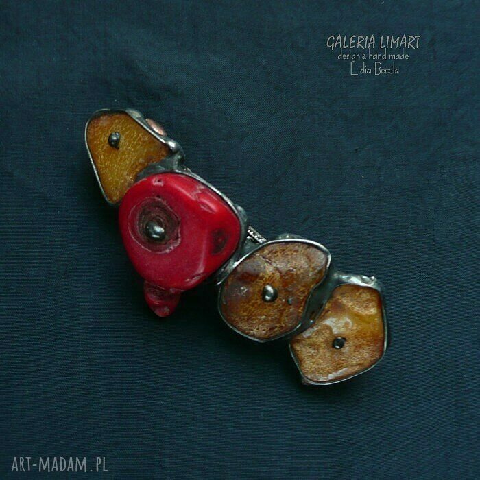 Spinka do włosów - bursztyn i koral w technice Tiffany (handmade)