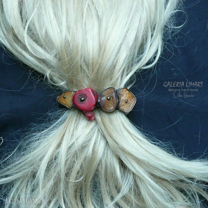 Spinka do włosów - bursztyn i koral w technice Tiffany (handmade)