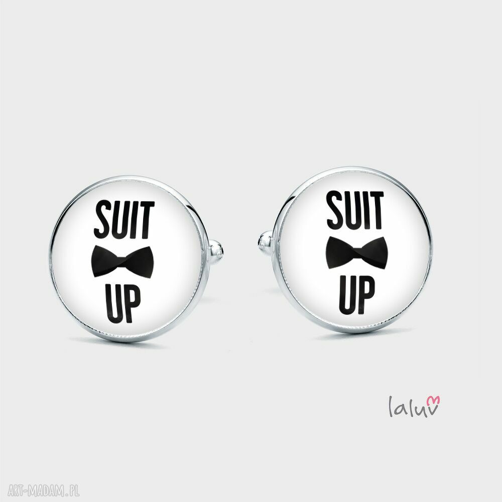 Ręcznie robione spinki do mankietów SUIT UP na wesele - srebrna baza