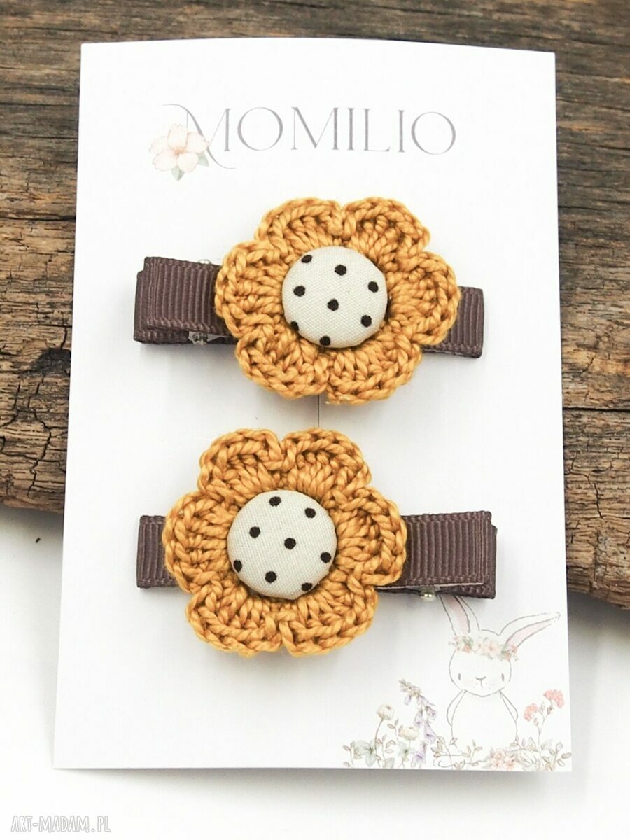 Musztardowe kwiaty szydełkowe Pola - spinki do włosów, komplet 2 szt.