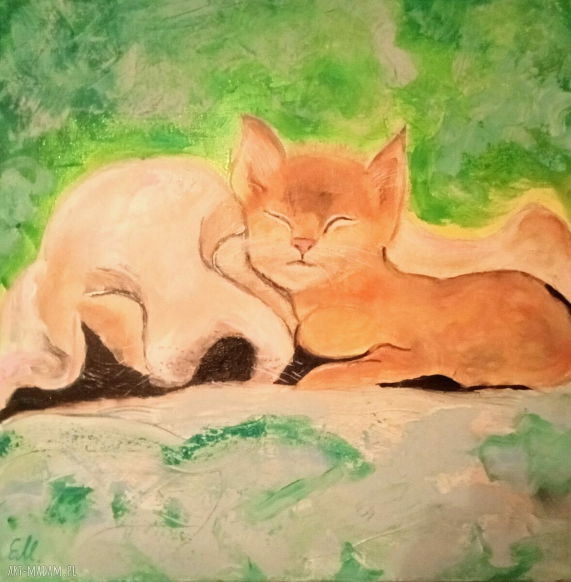 Śpiochy - ręcznie malowany obraz olejny 40x40 z kotem i psem (pejzaż)