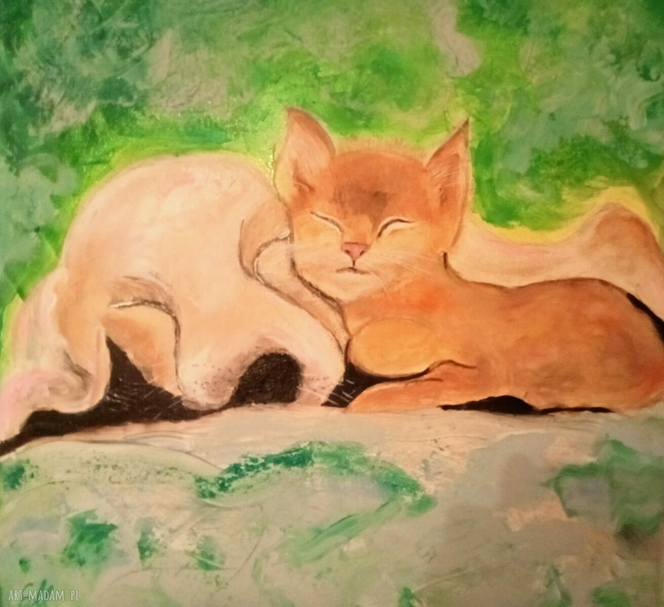 Śpiochy - ręcznie malowany obraz olejny 40x40 z kotem i psem (pejzaż)