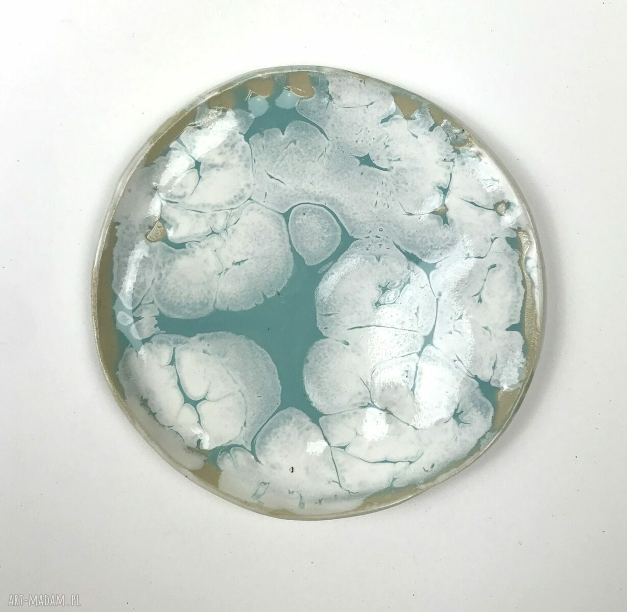 Turkusowo-biały ceramiczny spodeczek na biżuterię (10,5 cm) - handmade