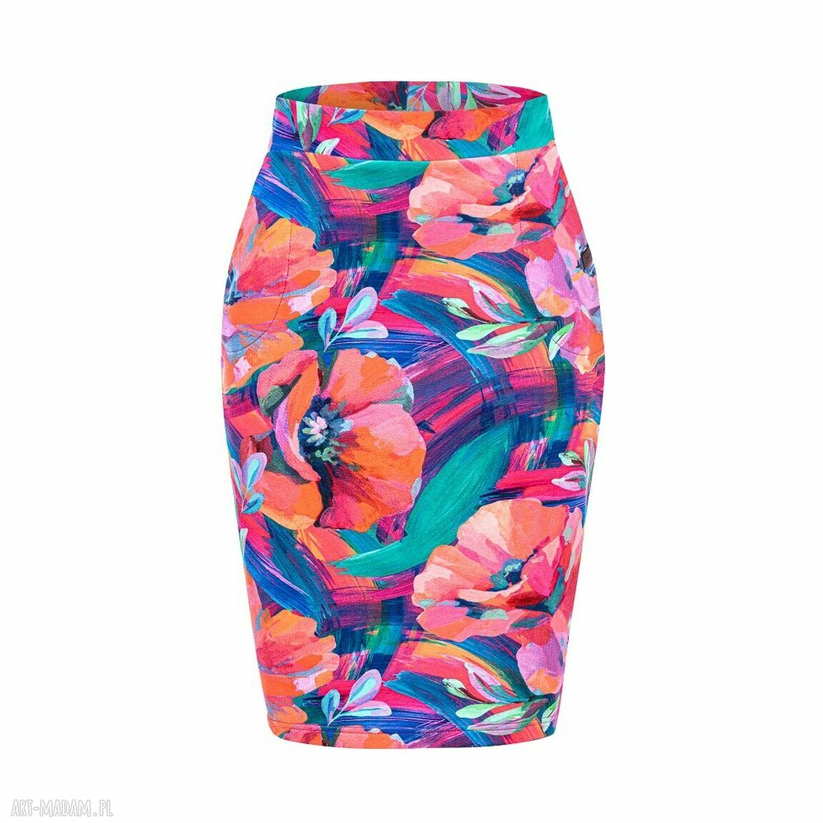 Spódnica klasyczna ołówkowa akwarelowe liście bawełna dzianina