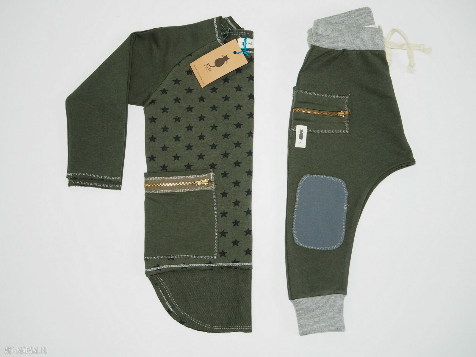 Spodnie baggy BOJÓWKI na wiosnę - khaki/oliwka, handmade Cudi KIDS