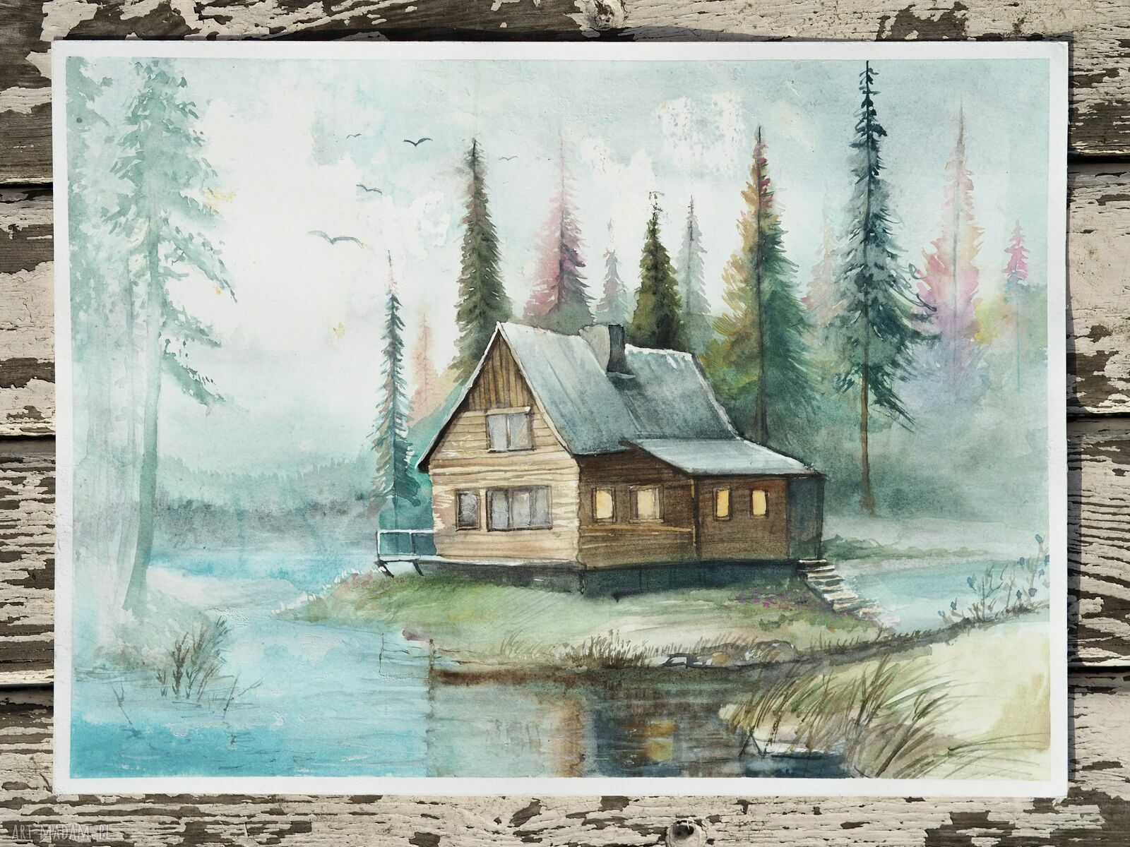 Spokojne zacisze - klimatyczna akwarela z domkiem nad jeziorem, passe-partout 40x50 cm