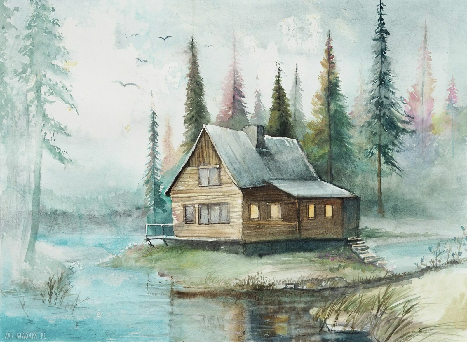 Spokojne zacisze - klimatyczna akwarela z domkiem nad jeziorem, passe-partout 40x50 cm