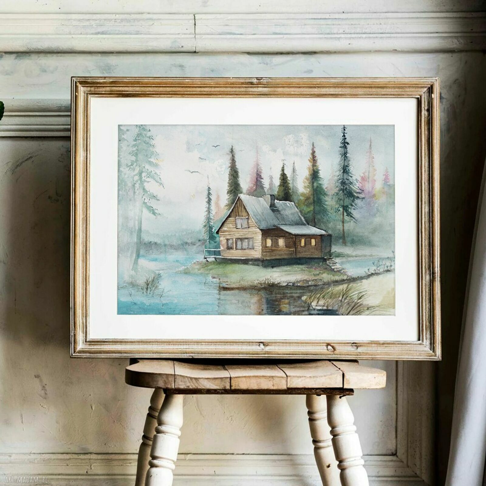 Spokojne zacisze - klimatyczna akwarela z domkiem nad jeziorem, passe-partout 40x50 cm