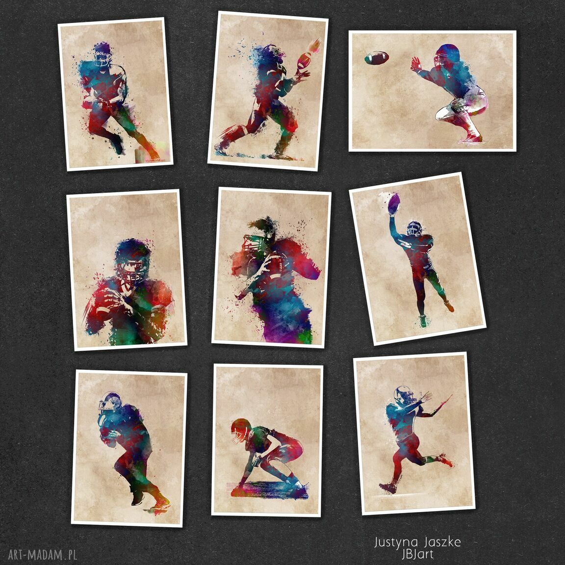 Sport Amerykański Gracz w Football - zestaw 9 grafik 13x18 cm (autorska grafika)