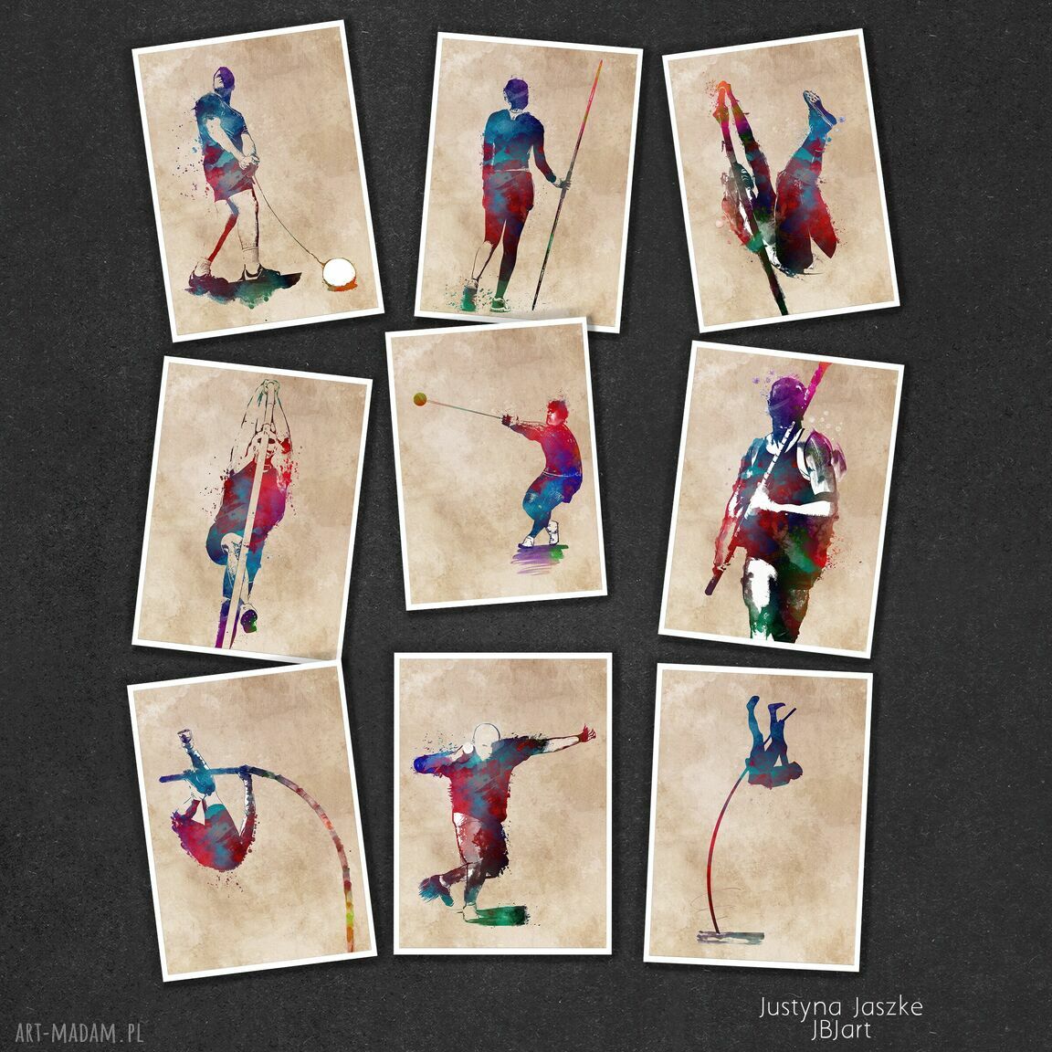 Sport Lekkoatletyka - ręcznie wykonany zestaw 9 grafik 13x18 cm