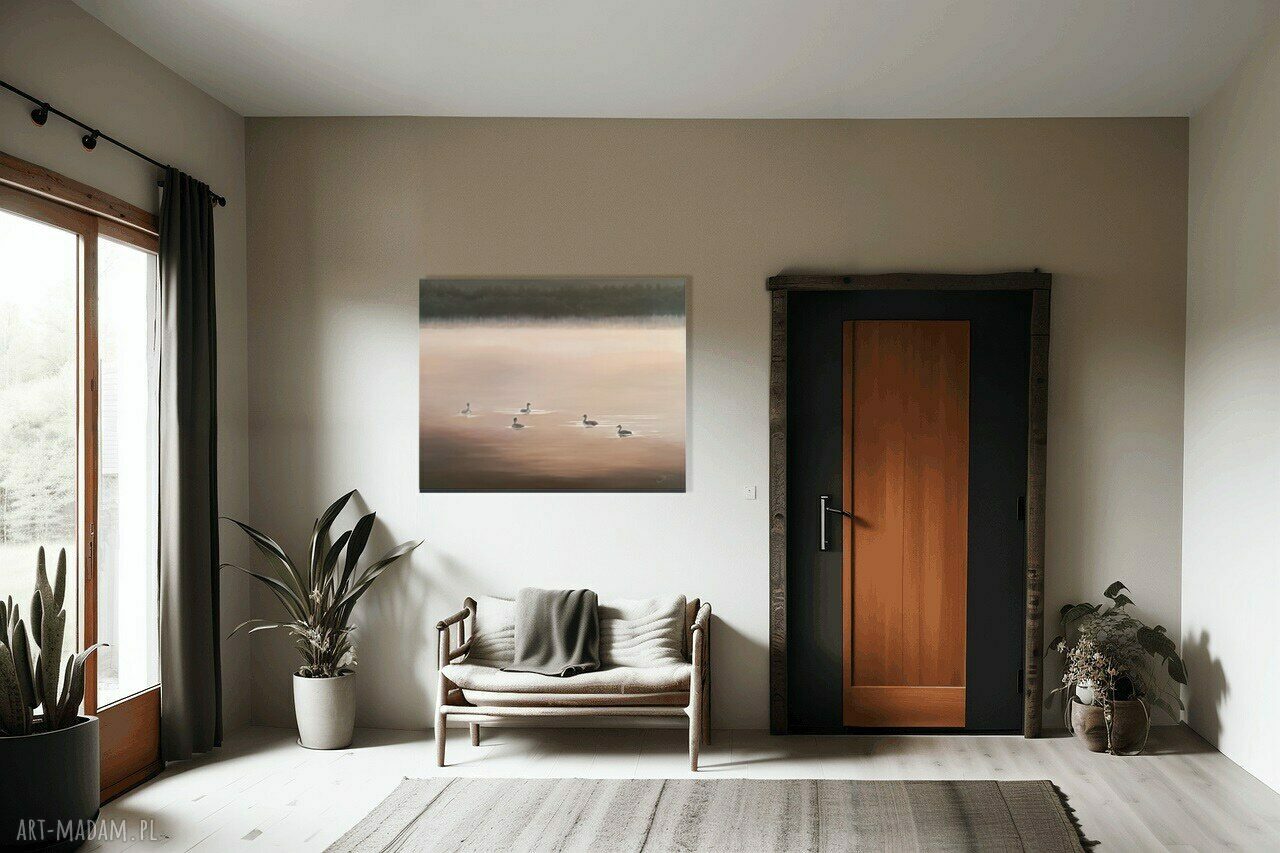 Spotkanie o zmierzchu - obraz olejny 95x75, pejzaż wodny z ptakami