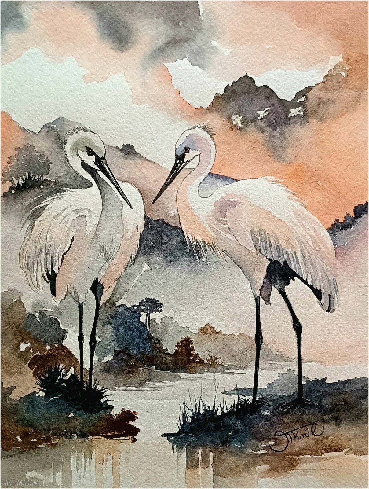 Spotkanie w ciszy jeziora - oryginalna akwarela 24x32 cm z żurawiami