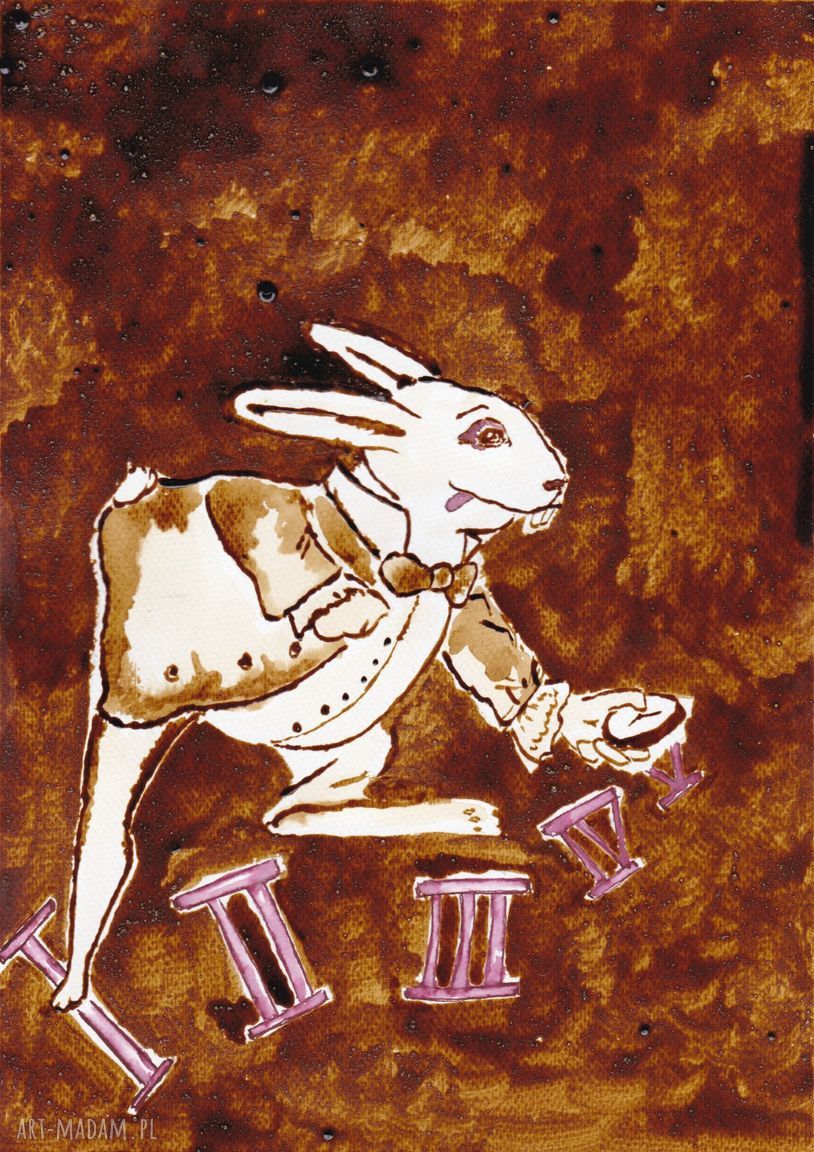 Biały królik obraz kawą piórem malowany białykrólik