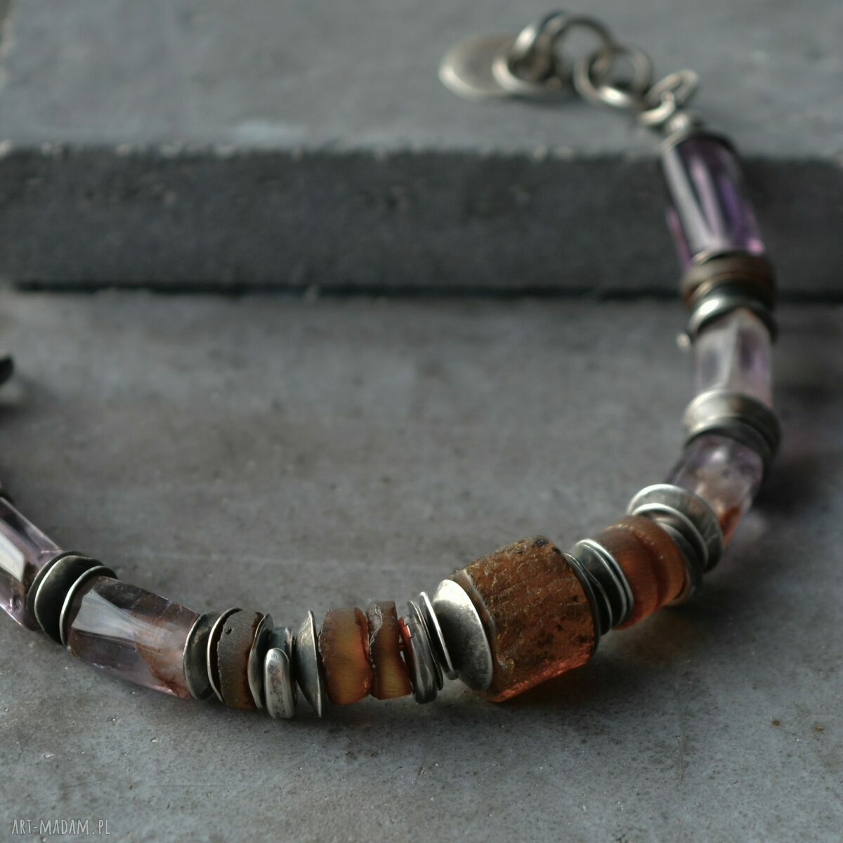 Srebrna bransoletka 925 z surowym bursztynem i ametystem - handmade