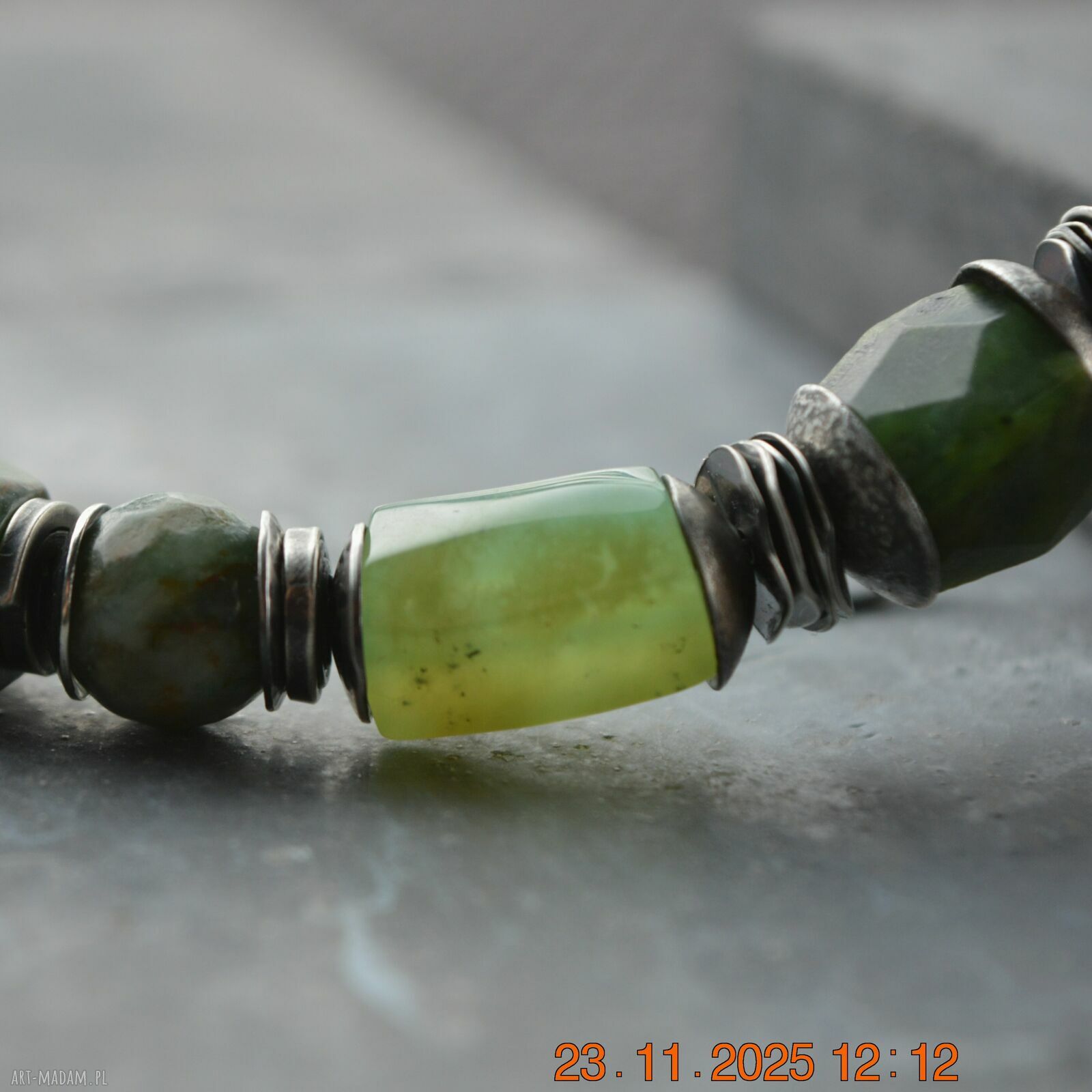 Srebrna bransoletka handmade z chryzoprazem, nefrytem i epidotem - srebro 925 oksydowane