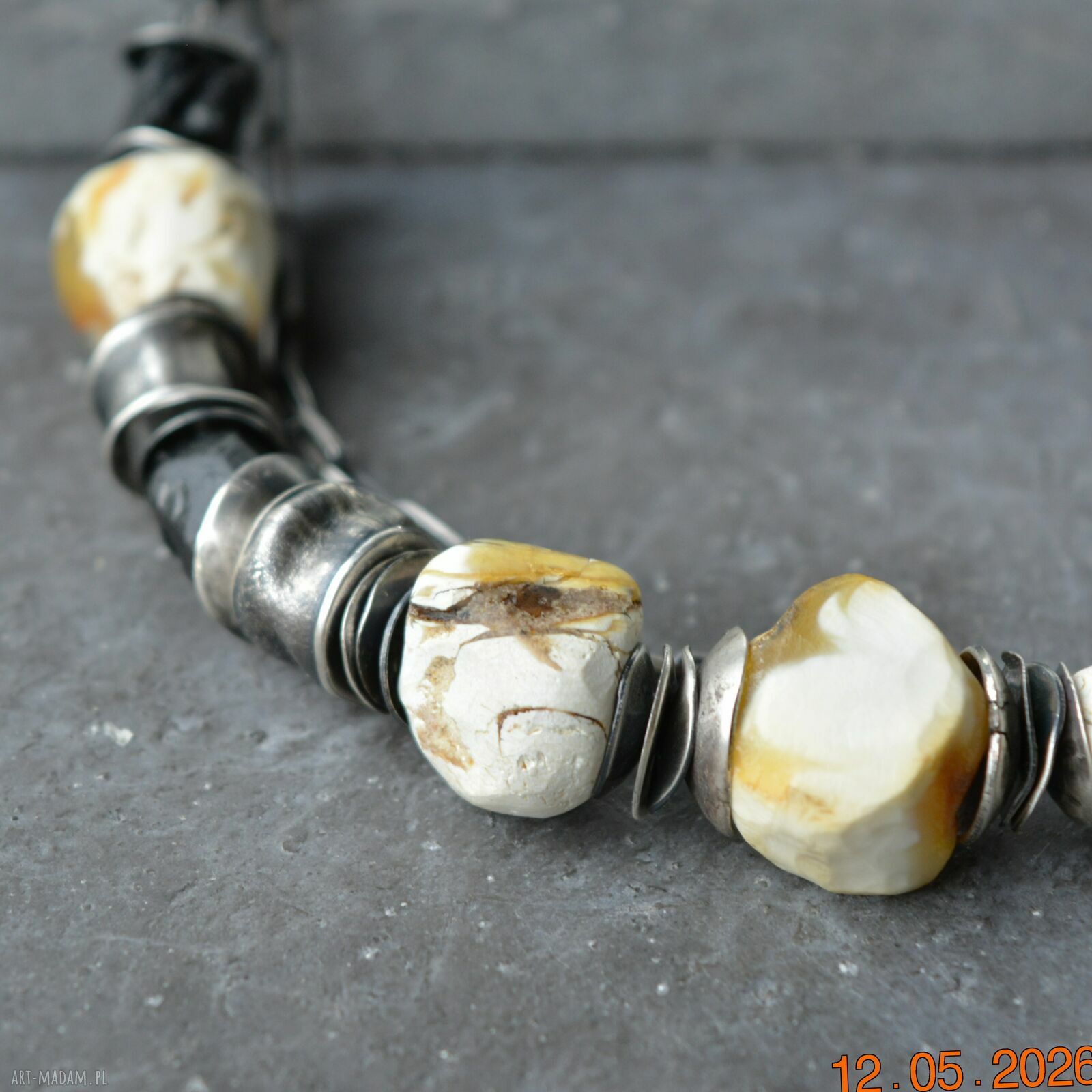 Srebrna bransoletka z bursztynem i turmalinem - handmade