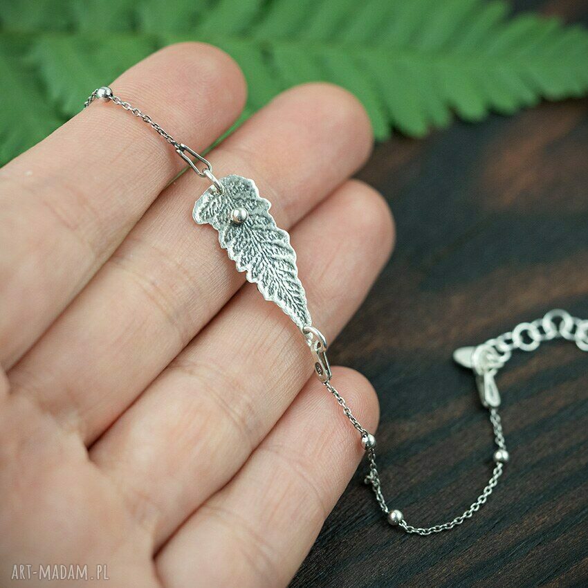 Srebrna bransoletka liść paproci - boho, minimalistyczna biżuteria ręcznie robiona