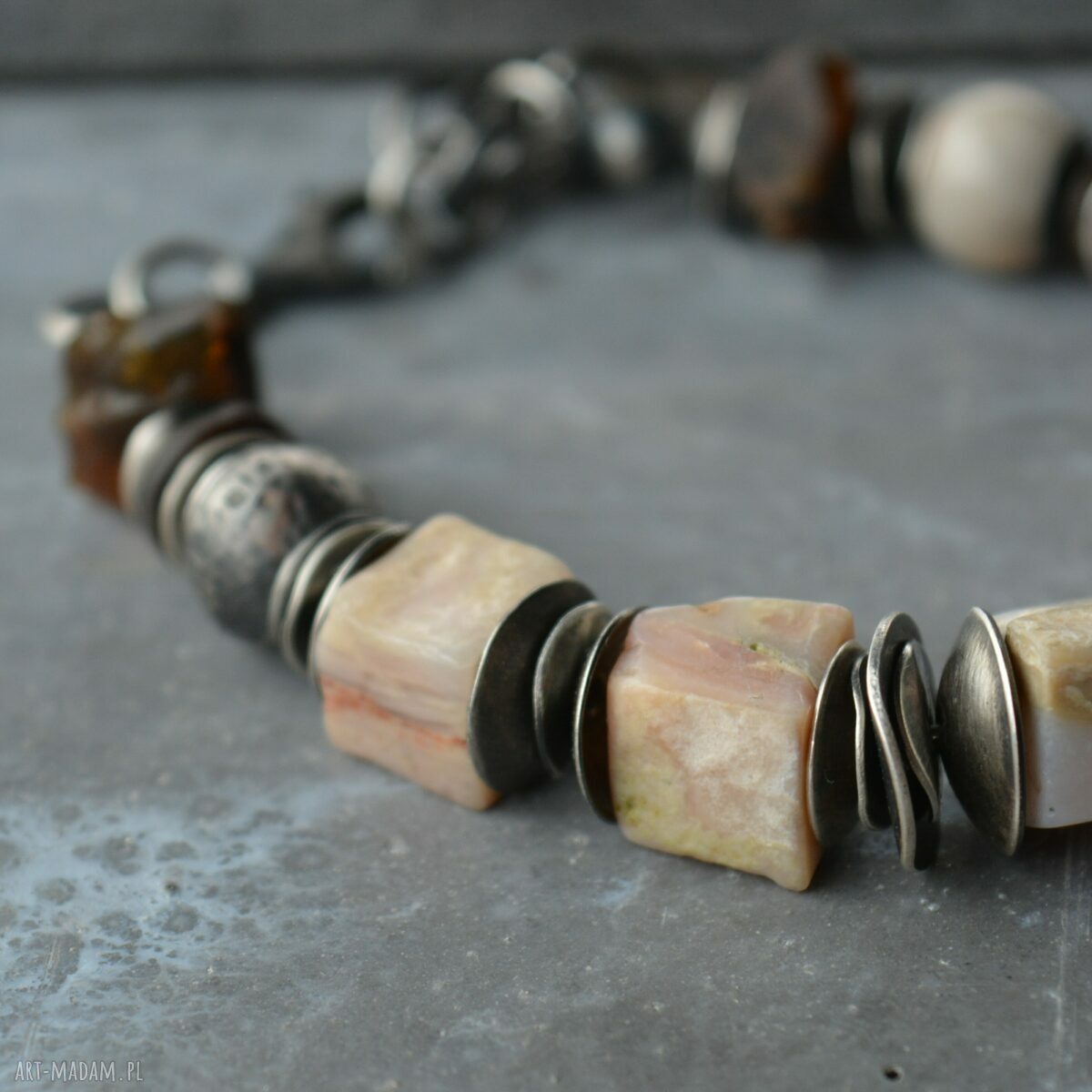 Srebrna bransoletka z opalem peruwiańskim i surowym bursztynem