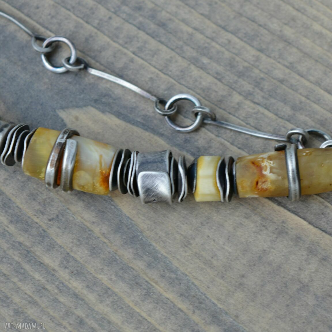 Srebrna bransoletka z surowym bursztynem - srebro oksydowane handmade