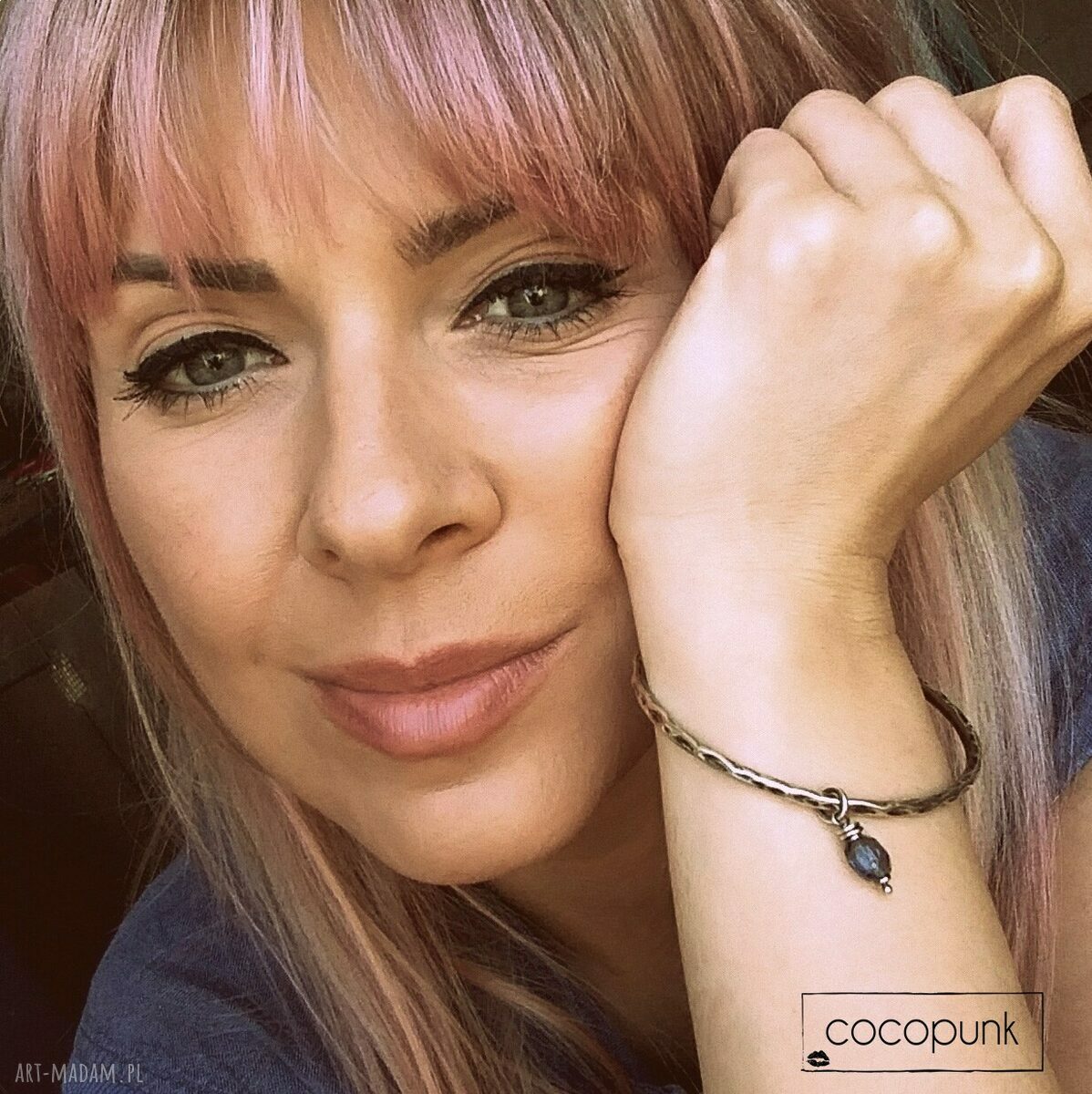 Srebro kwarc granatowy bransoleta zawieszkĄ bangla okrągła