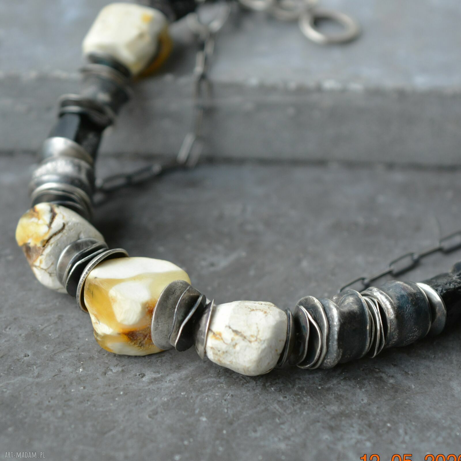 Srebrna bransoletka z bursztynem i turmalinem - handmade