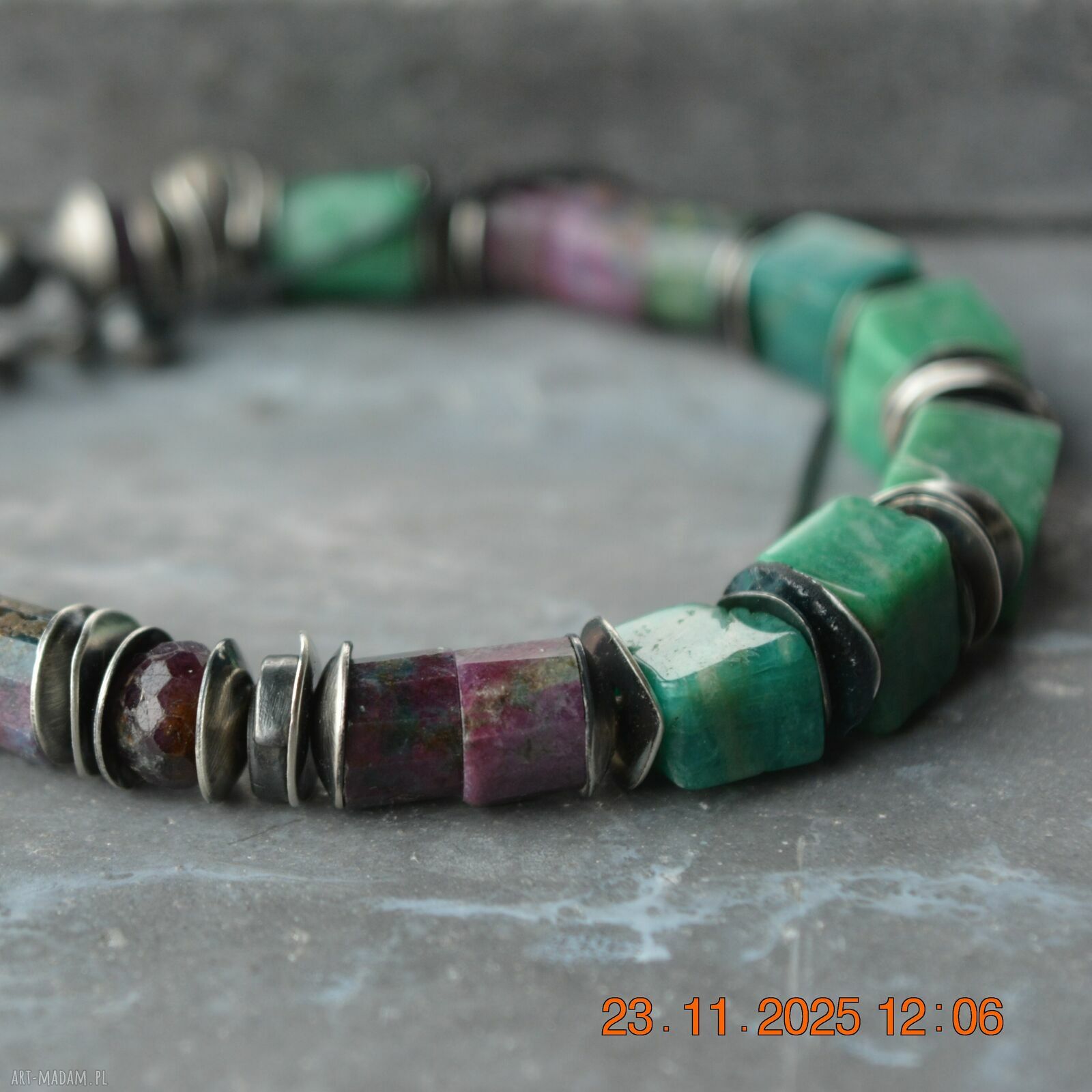Srebrna bransoletka z amazonitem i fuchsytem - srebro 925 oksydowane
